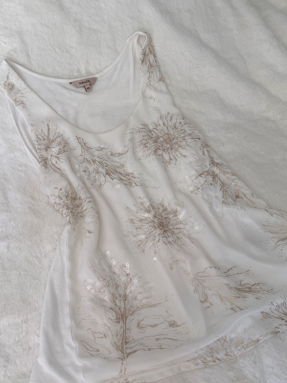 Elegant RW&CO Sequin Gold on Cream Floral Print, Scoop Neck Tank Top, Medium